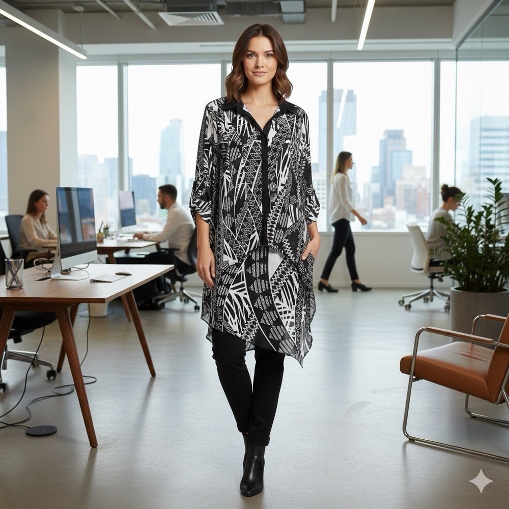 Cato Womens Size 14/16W Tunic Top Black White Geometric Print High-Low Sheer